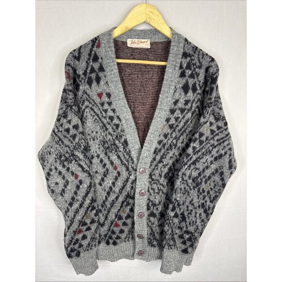Vintage John Edward Made in Spain Wool Cardigan Geometric Pattern Men’s XL - Picture 1 of 6